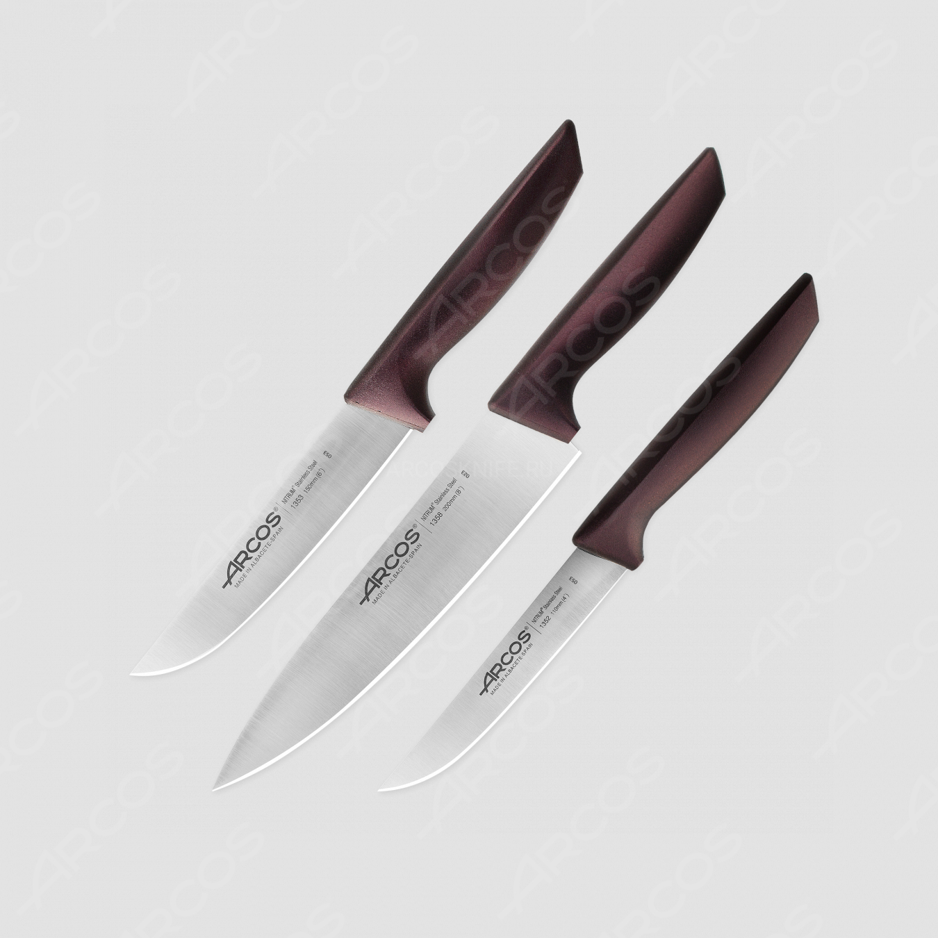 Набор кухонных ножей "поварская тройка", бордовые ручки, серия Niza, ARCOS, Испания